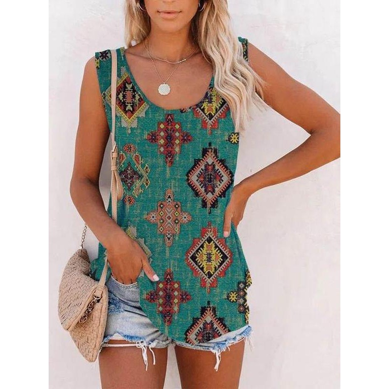 Chic Round Neck Print Sleeveless Top