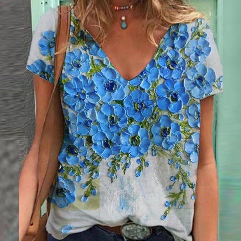 Classy Printed V-Neck Short Sleeve Top