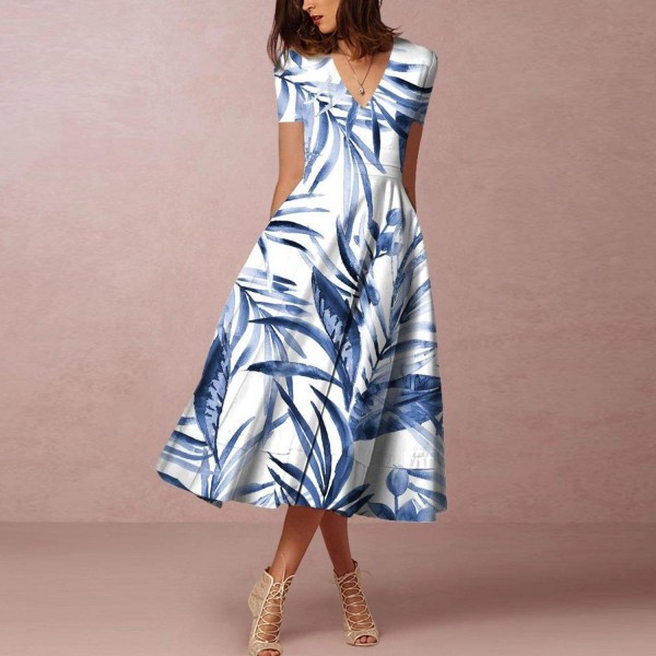 Elegant V-Neck Print Midi Dress