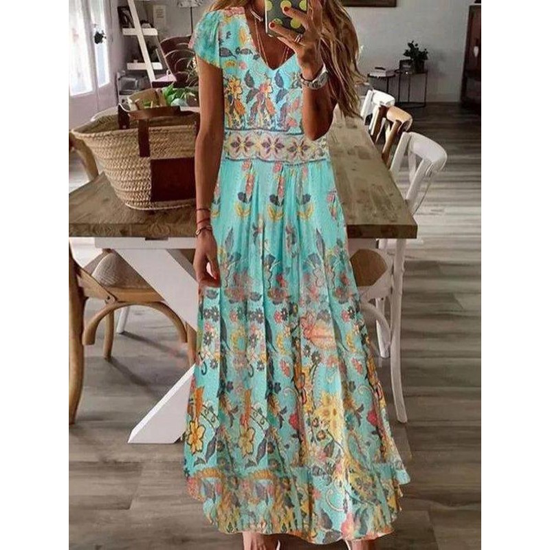 Groovy Print Short Sleeve Maxi Dress