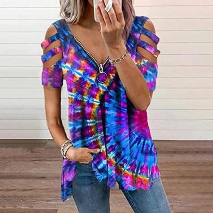 Showy V-Neck Short Sleeve Tie Dye Top