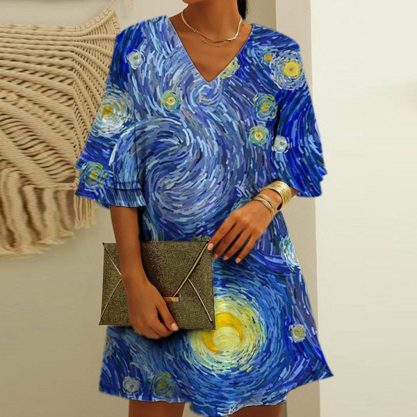 Vintage Print V-Neck 3/4 Sleeve Mini Dress