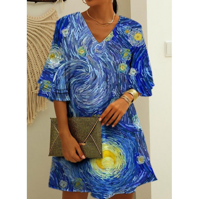 Vintage Print V-Neck 3/4 Sleeve Mini Dress