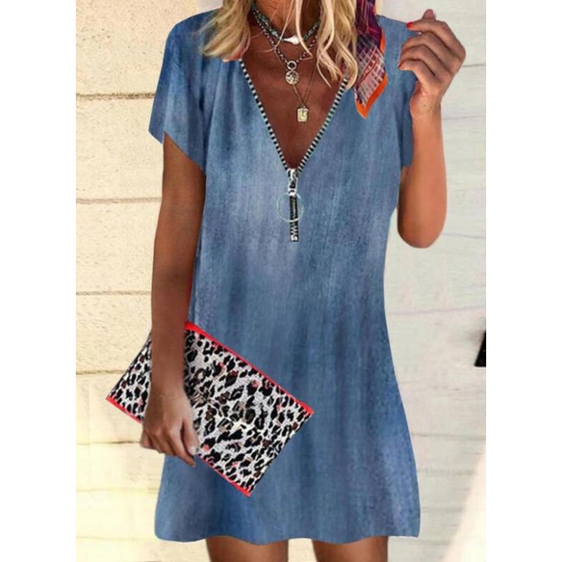 Casual Blue Short Sleeve Mini Dress