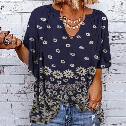 Classy Print V-Neck Short Sleeve Top