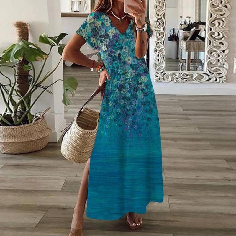 Romantic Print Short Sleeve Maxi Dress