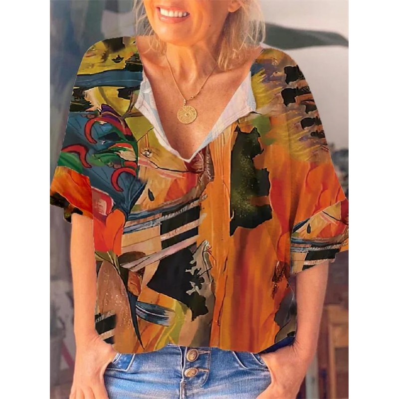 V-Neck Short Sleeve Abstract Print Top