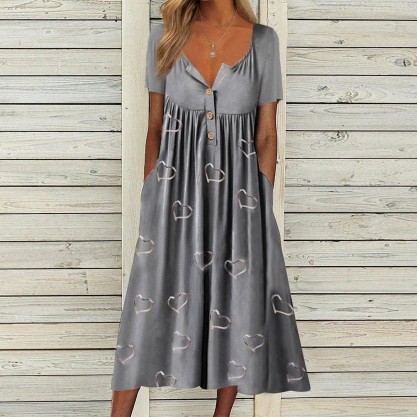 Vintage Print Short Sleeve Midi Dress