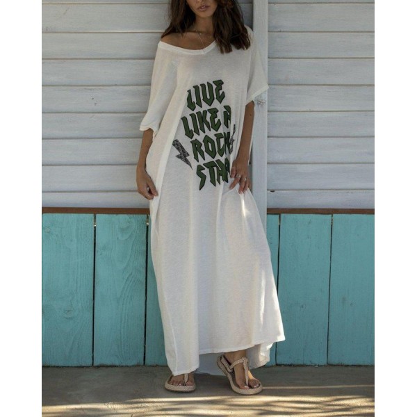 Basic Letter Print Short Sleeve Maxi Dress