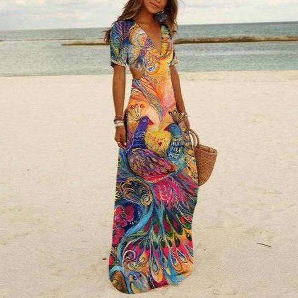 Chic Peacock Print Short Sleeve Maxi Dress