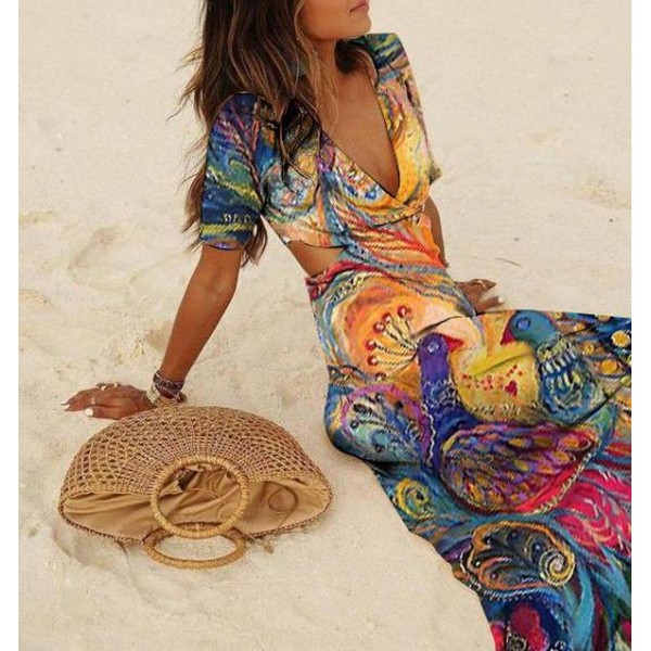 Chic Peacock Print Short Sleeve Maxi Dress