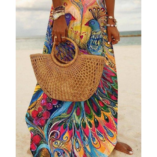 Chic Peacock Print Short Sleeve Maxi Dress