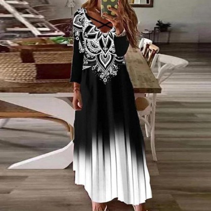 Elegant Print Long Sleeve Maxi Dress