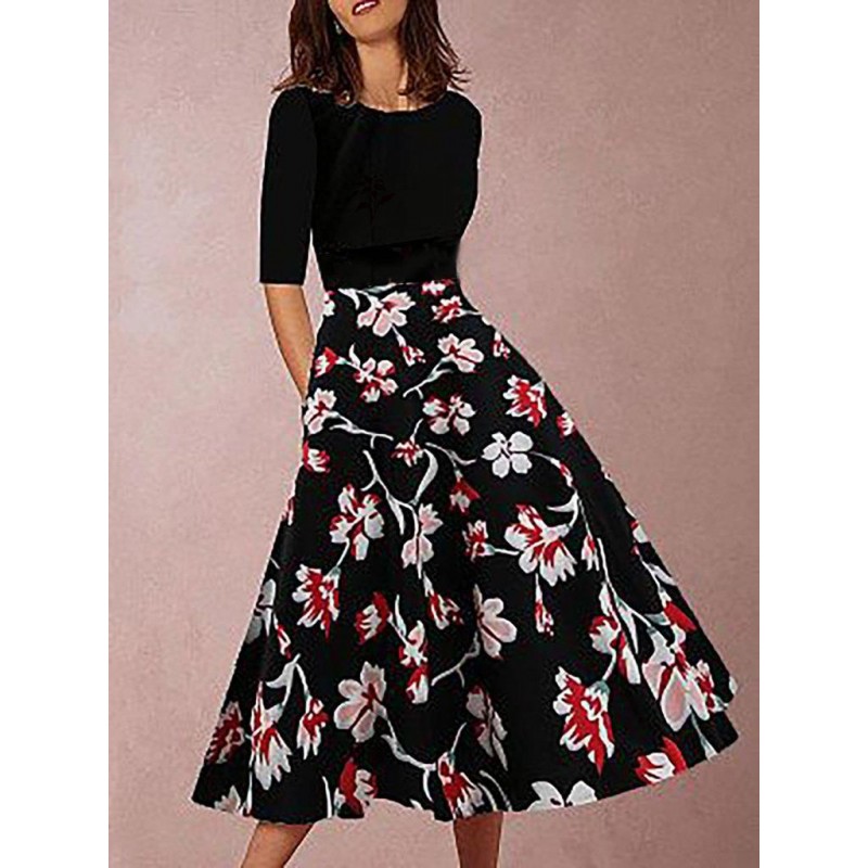 Elegant Print Round Neck Midi Dress