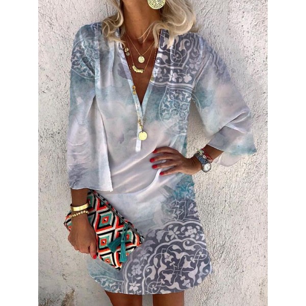 Fresh Print 3/4 Sleeve Mini Dress