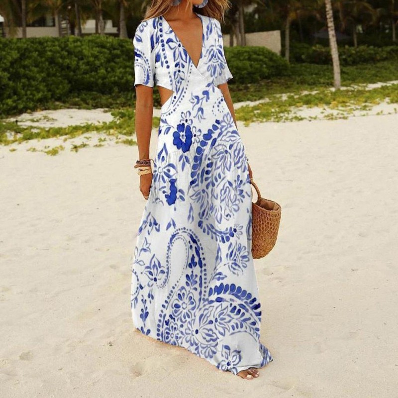 Fresh Print Short Sleeve Maxi Dress