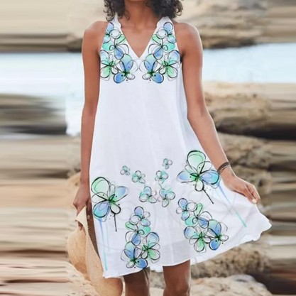 Fresh Print V-Neck Sleeveless Mini Dress