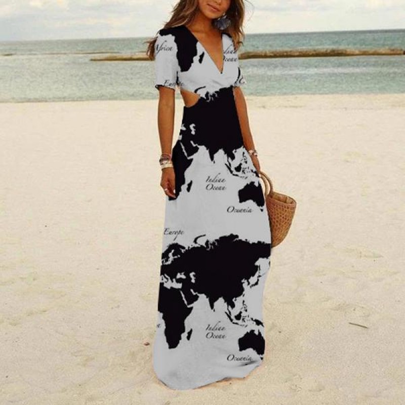 Glamorous Deep V-Neck Print Maxi Dress