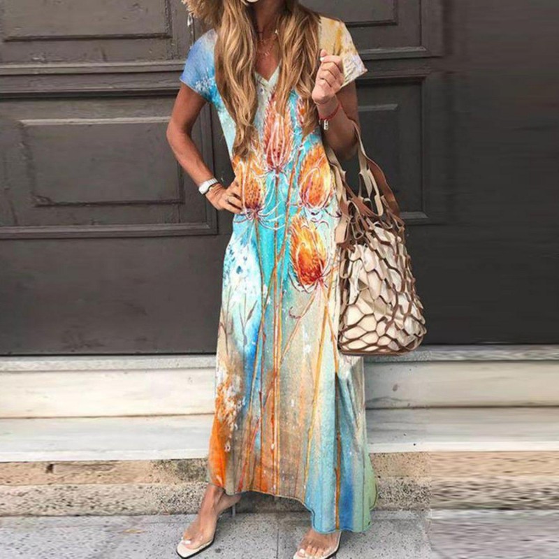 Groovy Print Short Sleeve Maxi Dress