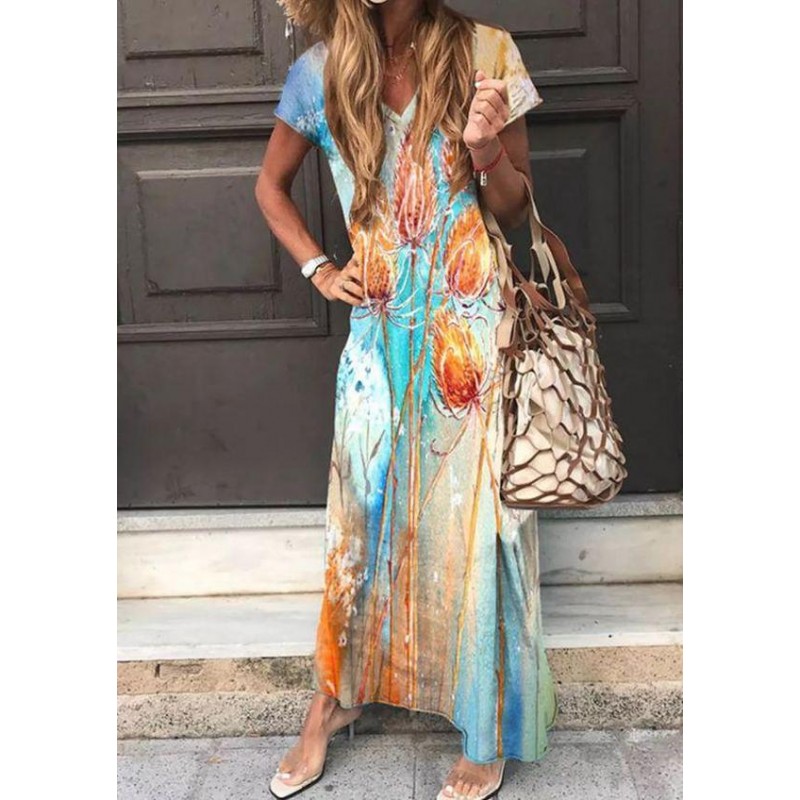 Groovy Print Short Sleeve Maxi Dress