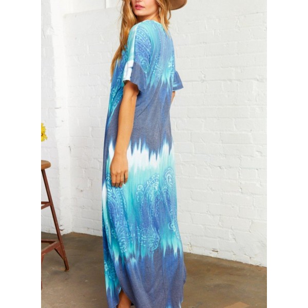 Groovy Tie Dye Print Short Sleeve Maxi Dress