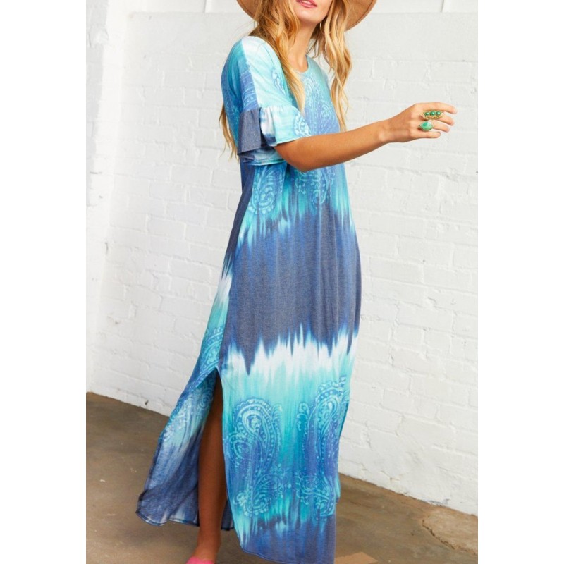 Groovy Tie Dye Print Short Sleeve Maxi Dress