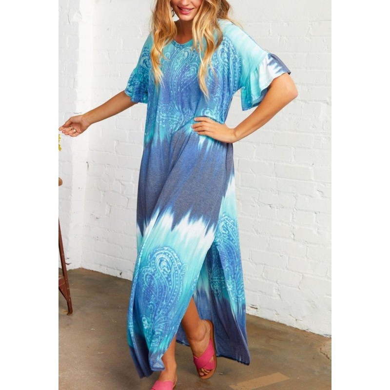 Groovy Tie Dye Print Short Sleeve Maxi Dress