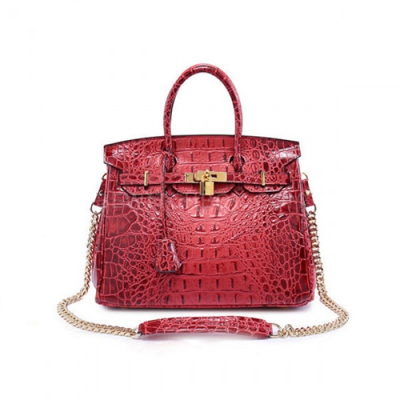 Crocodile Pattern Lock Leather Satchel